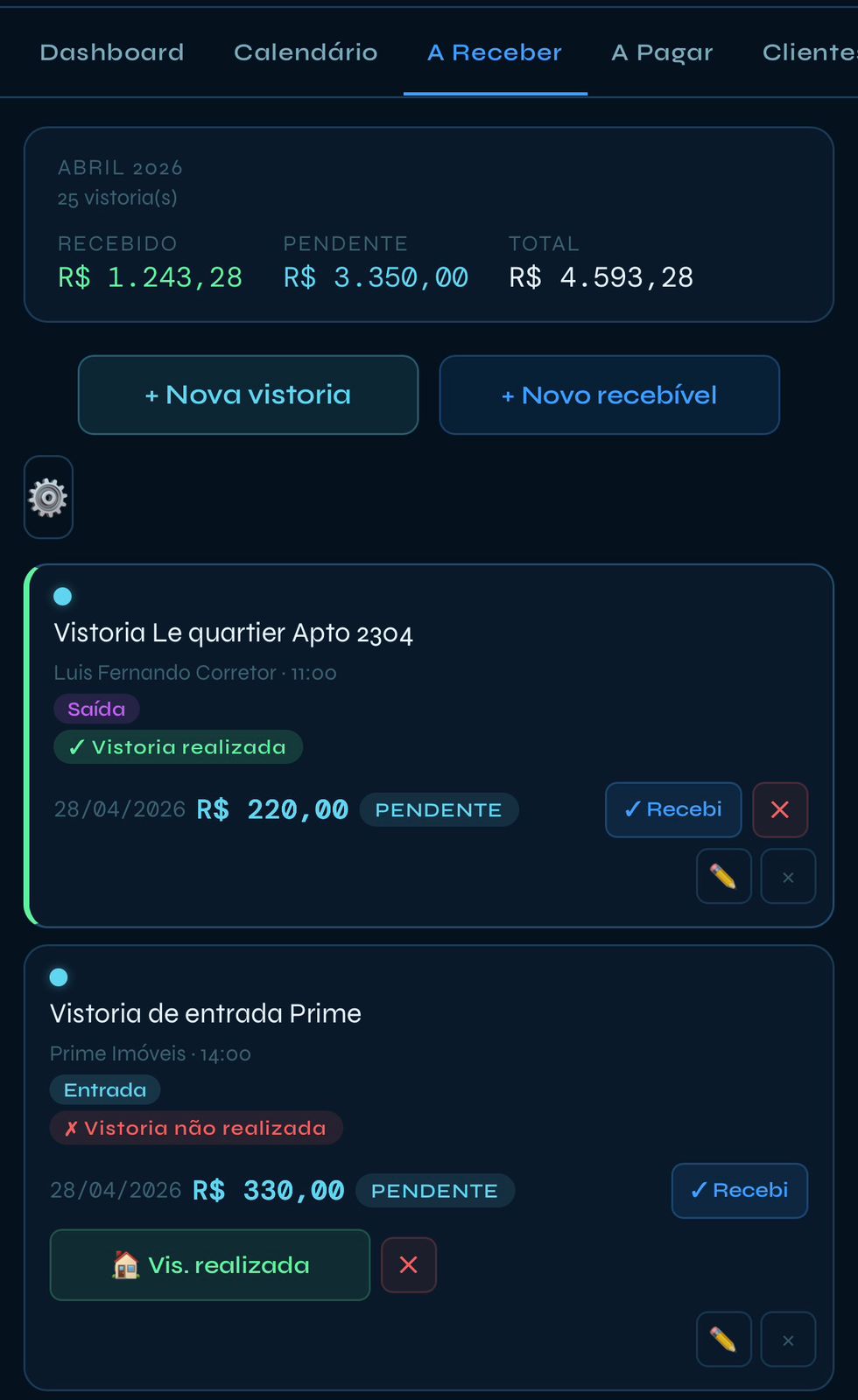 Tela de recebíveis